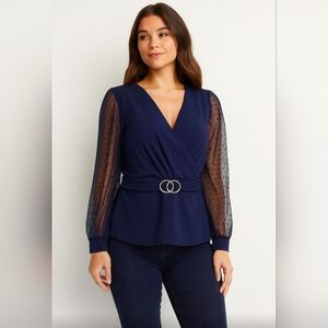 Venus Size M Elegant Navy Wrap Top with Sheer Sleeves